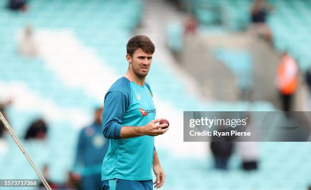 Mitchell Marsh of Australia warms up prior to Day One of the LV= Insurance Ashes 5th Test Match between England and Australia at The Kia Oval on July...
