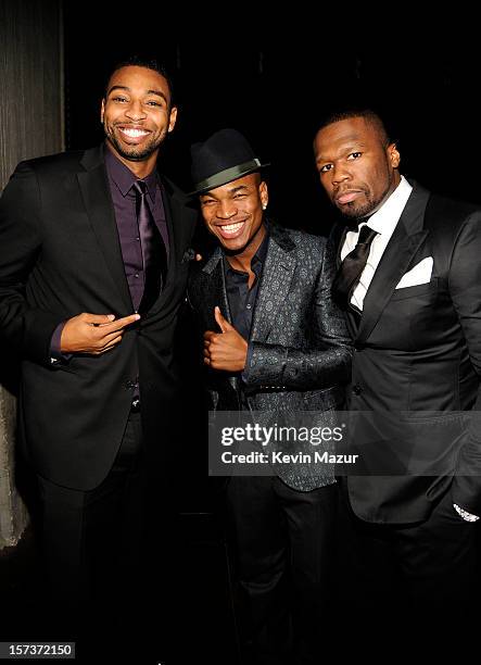 Athlete Cullen Jones, singer Ne-Yo and rapper 50 Cent attend the CNN Heroes: An All Star Tribute at The Shrine Auditorium on December 2, 2012 in Los...