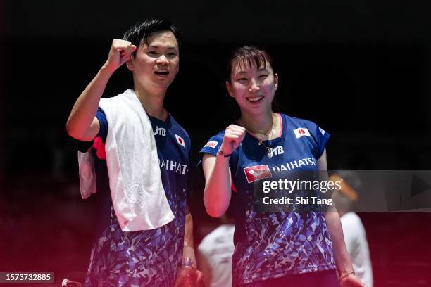 Yuta Watanabe and Arisa Higashino of Japan celebrate the victory in the Mixed Doubles Second Round match against Tang Chun Man and Tse Ying Suet of...