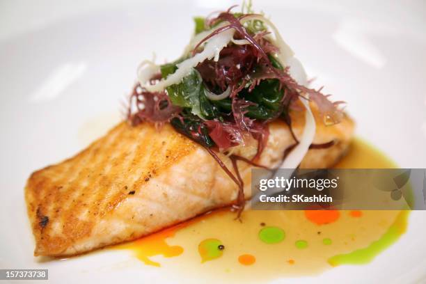 seared salmon and seaweed - seared stock pictures, royalty-free photos & images