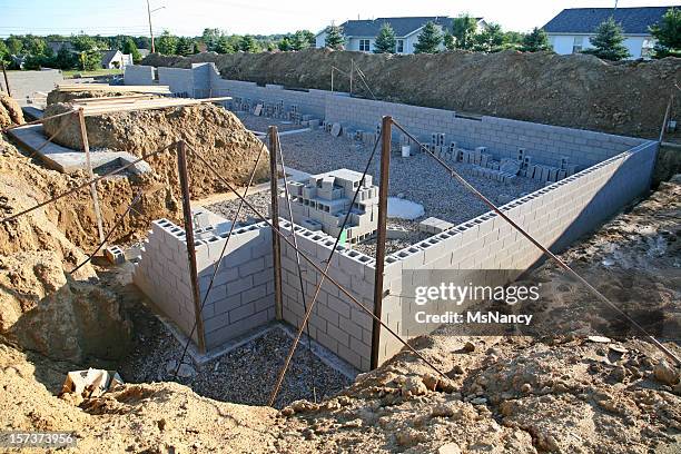 construction of a basement wall before backfill - concrete block stock pictures, royalty-free photos & images