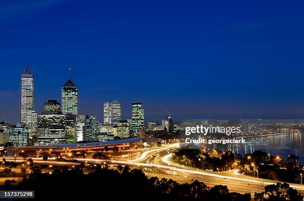 perth night skyline - perth city australia stockfoto's en -beelden