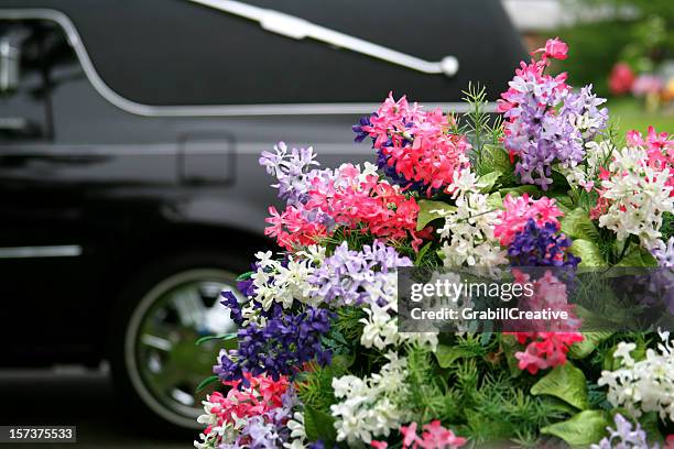 funeral concepts: hearse and flowers - hearse stock pictures, royalty-free photos & images