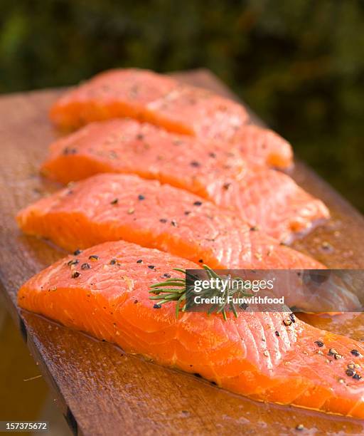 fresh barbeque salmon fish, cooking seafood - marinated stock pictures, royalty-free photos & images