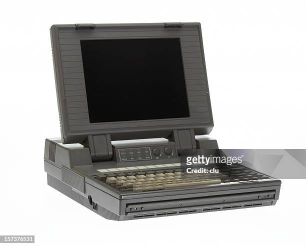 grey vintage laptop studio shot isolated on white - decades the 1980s stock pictures, royalty-free photos & images