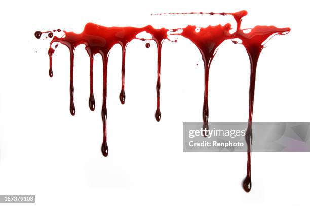 realistic blood dripping on white background - syringe full of blood stockfoto's en -beelden