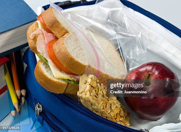 culinary close up of a packed school lunch - lunch bag white background stock pictures, royalty-free photos & images