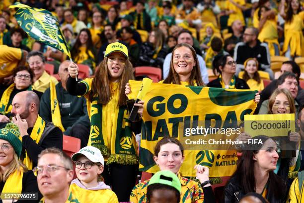 Australia fans show their support prior to the FIFA Women's World Cup Australia & New Zealand 2023 Group B match between Australia and Nigeria at...