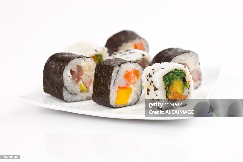 Sushi rolls on a white plate with white background