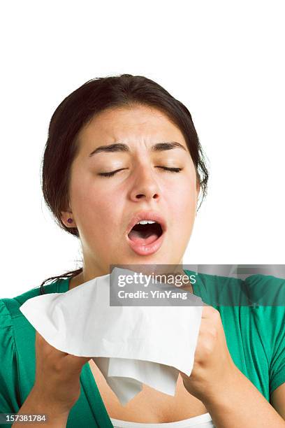 woman sneezing, coughing, with cold, flu, allergy, virus, hay fever - sneeze stock pictures, royalty-free photos & images