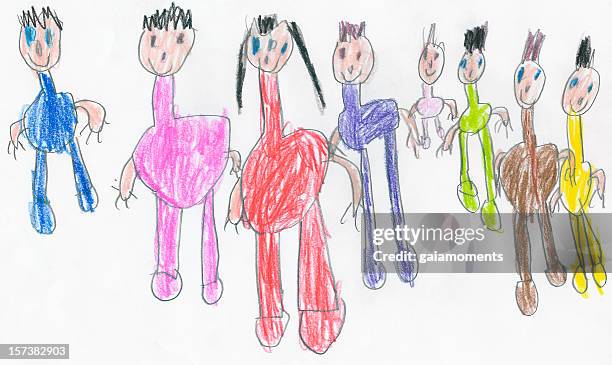 child drawing of a large happy family - doodle stock pictures, royalty-free photos & images