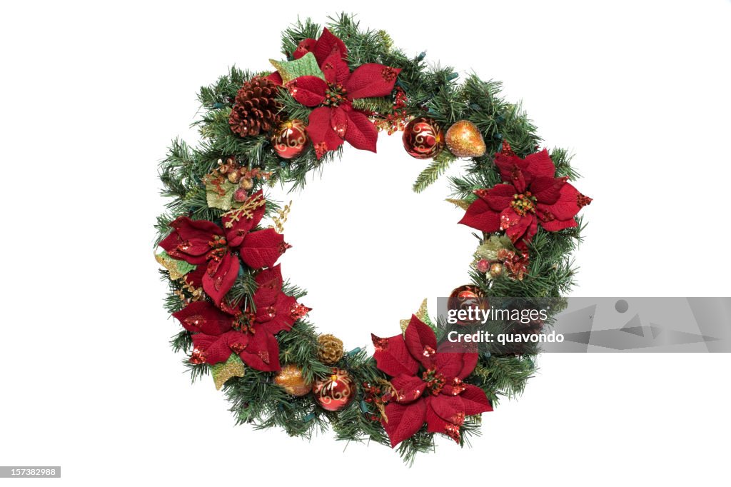 Adorned Christmas Wreath with Ornaments, on White, Copy Space