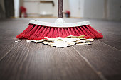 Sweeping floor with broom