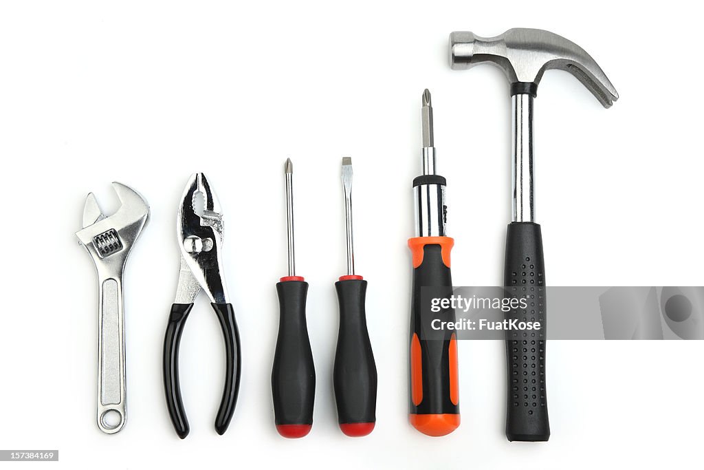 Various hand tools with a white background 