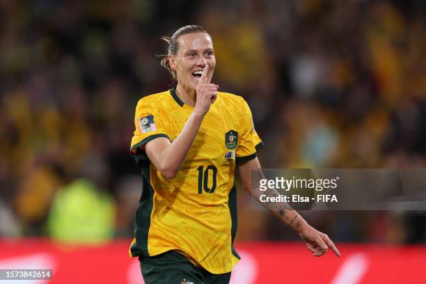 Emily Van-Egmond of Australia celebrates after scoring her team's first goal during the FIFA Women's World Cup Australia & New Zealand 2023 Group B...