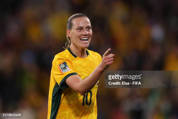Emily Van-Egmond of Australia celebrates after scoring her team's first goal during the FIFA Women's World Cup Australia & New Zealand 2023 Group B...