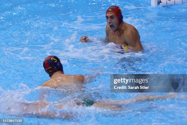 Unai Aguirre of Team Spain reacts in the Men's Water Polo Semifinal match between Hungary and Spain on day 12 of the Fukuoka 2023 World Aquatics...