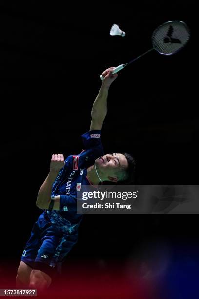 Kenta Nishimoto of Japan competes in the Men's Singles Second Round match against Kunlavut Vitidsarn of Thailand on day three of the Japan Open at...