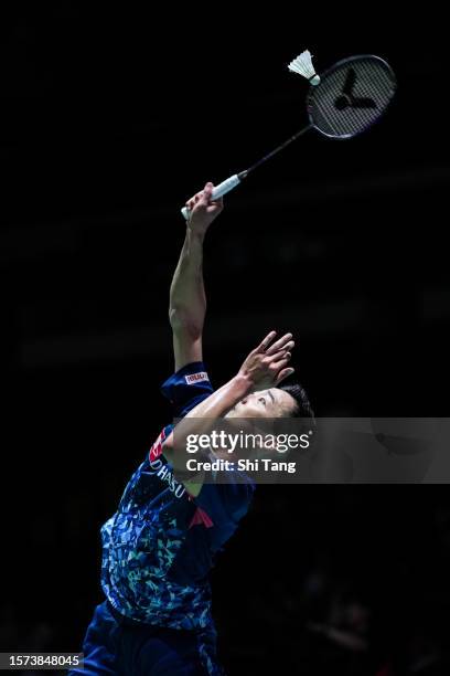 Kenta Nishimoto of Japan competes in the Men's Singles Second Round match against Kunlavut Vitidsarn of Thailand on day three of the Japan Open at...