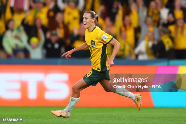 Emily Van-Egmond of Australia celebrates with teammates after scoring her team's first goal during the FIFA Women's World Cup Australia & New Zealand...
