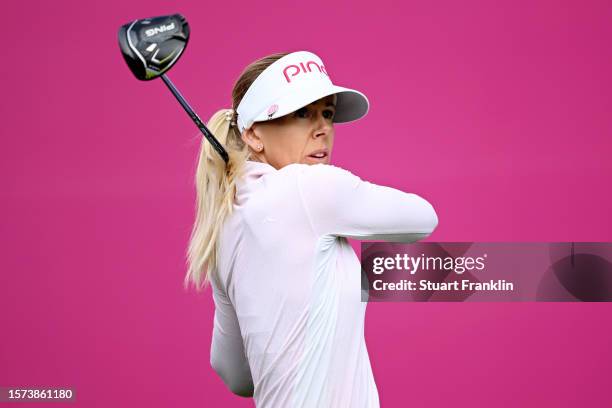 Pernilla Lindberg of Sweden tees off on the 1st hole during the first round of the Amundi Evian Championship at Evian Resort Golf Club on July 27,...