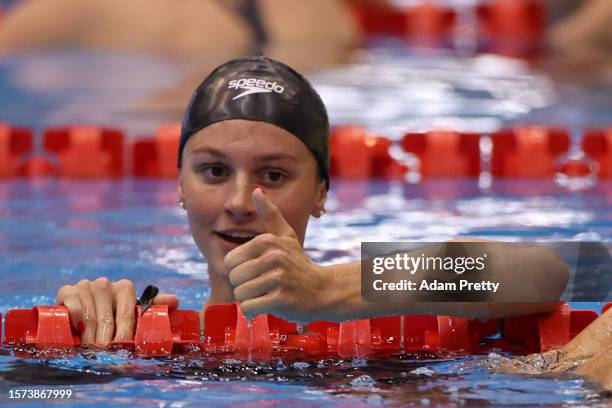 Summer Mcintosh of Team Canada celebrates winning gold in the competes in the Women's 200m Butterfly Final on day five of the Fukuoka 2023 World...