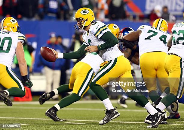 Graham Harrell of the Green Bay Packers in action against the New York Giants at MetLife Stadium on November 25, 2012 in East Rutherford, New Jersey....