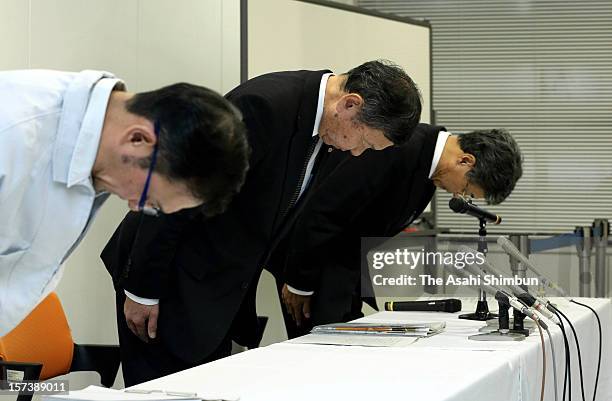 Central Nippon Expressway Company Ltd president Takekazu Kaneko bows for apology during the press conference of the accident of Sasago Tunnel of the...