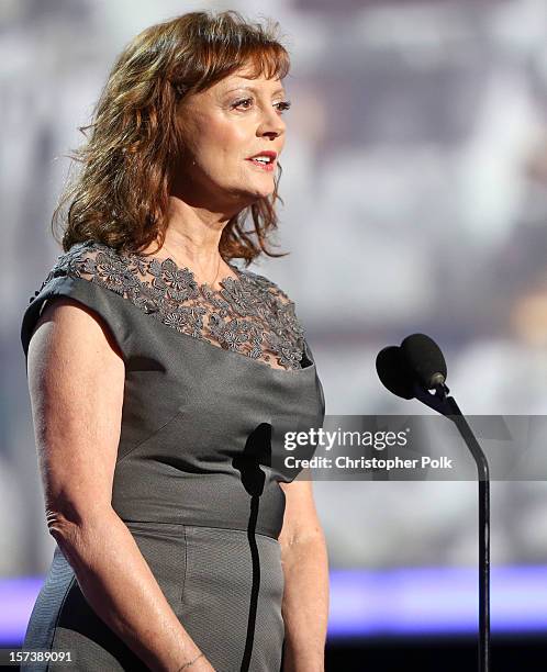 Presenter Susan Sarandon speaks onstage during the CNN Heroes: An All Star Tribute at The Shrine Auditorium on December 2, 2012 in Los Angeles,...