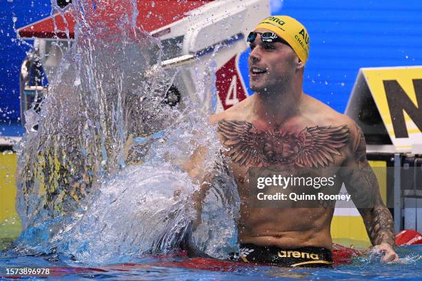 Kyle Chalmers of Team Australia celebrates winning gold in the Men's 100m Freestyle Final on day five of the Fukuoka 2023 World Aquatics...