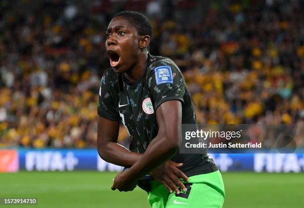 Asisat Oshoala of Nigeria celebrates after scoring her team's third goal during the FIFA Women's World Cup Australia & New Zealand 2023 Group B match...