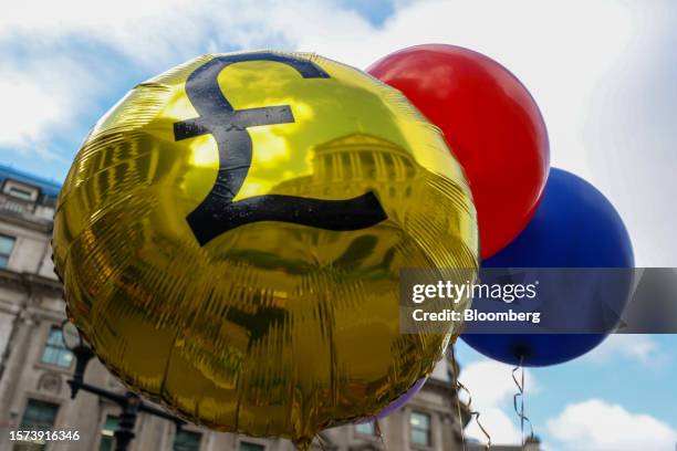 Balloon with a pound symbol during a protest against the Bank of England's approach to fighting inflation outside the bank's headquarters in the City...