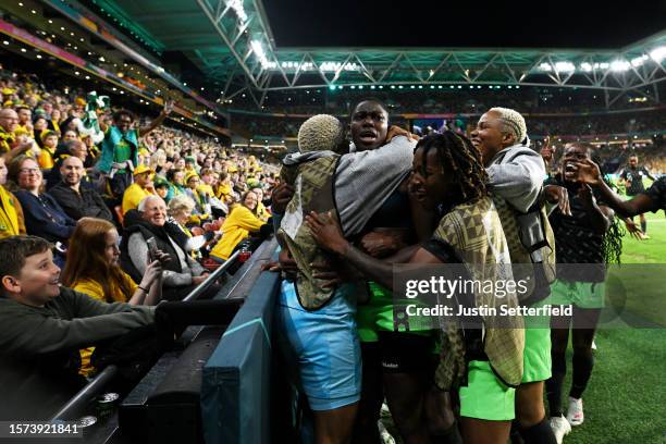 Asisat Oshoala of Nigeria celebrates with teammates after scoring her team's third goal during the FIFA Women's World Cup Australia & New Zealand...