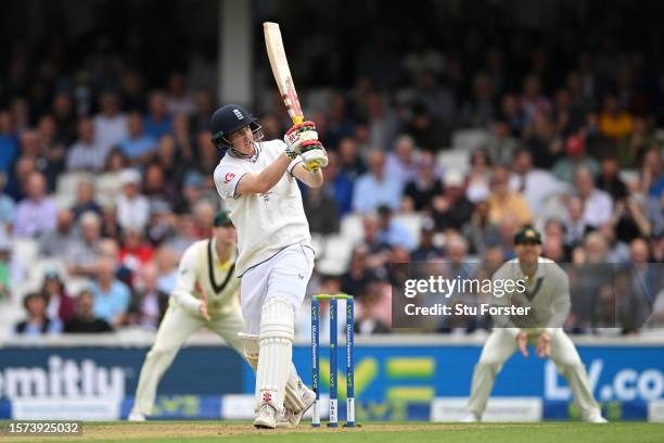 Harry Brook of England hits a six during Day One of the LV= Insurance Ashes 5th Test Match between England and Australia at The Kia Oval on July 27,...