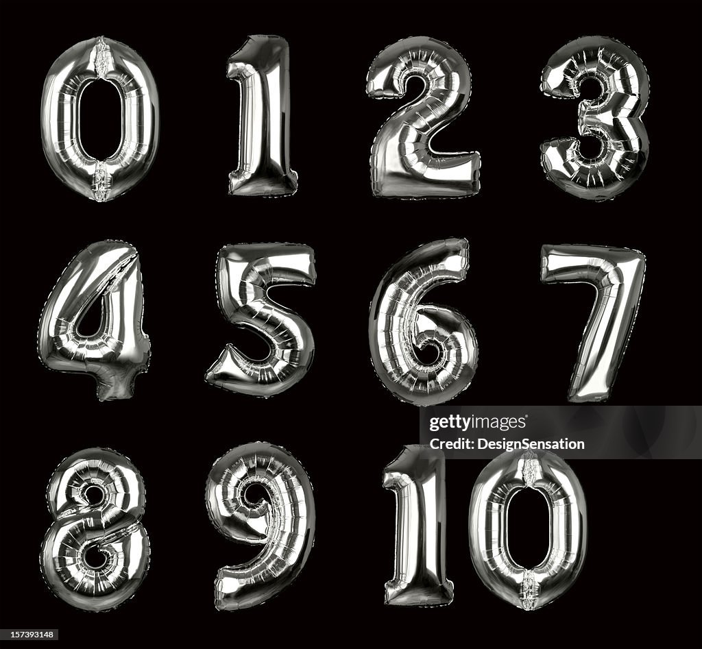 Plata Balloon números 1-10 (clipping paths (Bordes de corte), XXL