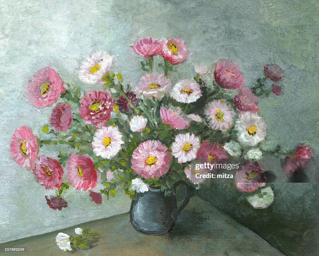 Oil painted aster multicolored flowers arrangement in ceramic black vase