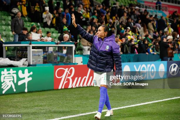 Marta Vieira da Silva of Brazil waves after the FIFA Women's World Cup Australia & New Zealand 2023 Group match between Jamaica and Brazil at...