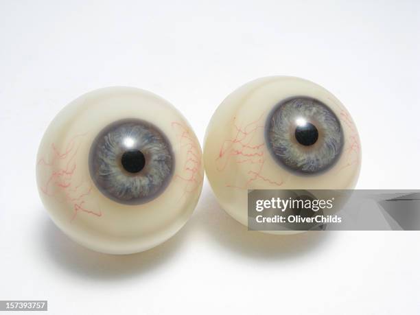 a pair of plastic eyeballs sitting on a white background - eye ball stock pictures, royalty-free photos & images