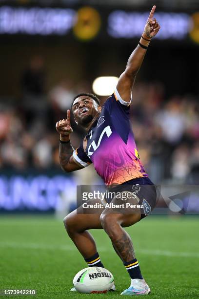 Ezra Mam of the Broncos celebrates scoring a try during the round 22 NRL match between Brisbane Broncos and Sydney Roosters at The Gabba on July 27,...
