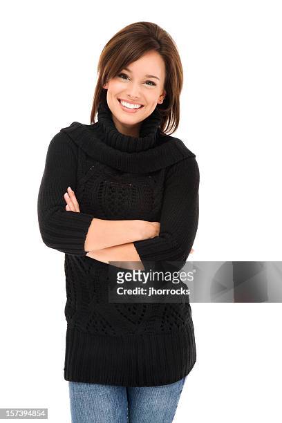 casual young woman with a friendly smile - cardigan sweater stock pictures, royalty-free photos & images