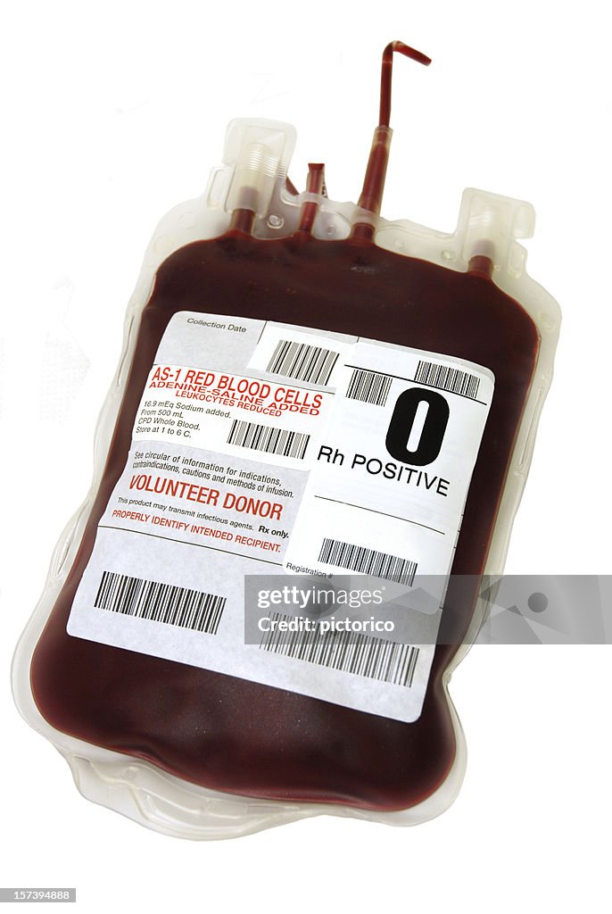 O Positive packed cell blood bag