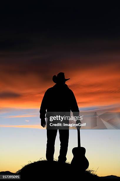 cowboy con chitarra immagine verticale - cowboy sillouette foto e immagini stock
