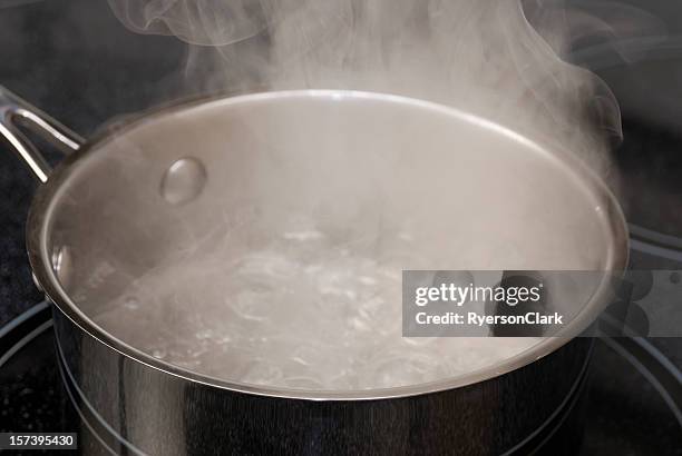 boiling water in a stainless steel pot. - boiling steam stock pictures, royalty-free photos & images