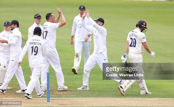 Kyle Abbott of Hampshire celebrates bowling Matt Critchley of Essex during the LV= Insurance County Championship Division 1 match between Hampshire...