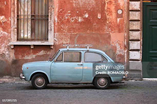 tiny blue vintage car in rome italy - old car side view stock pictures, royalty-free photos & images