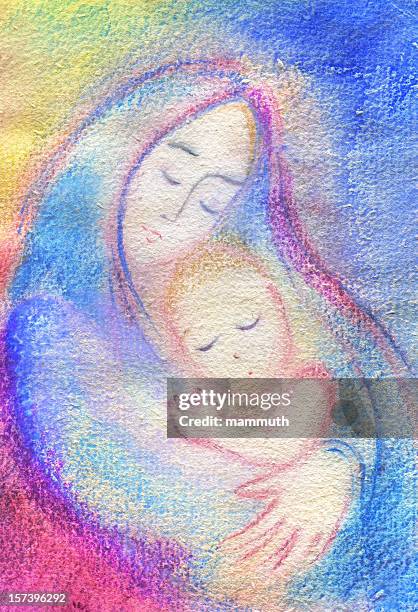 stockillustraties, clipart, cartoons en iconen met mother with son - mary and jesus - mom blessing son