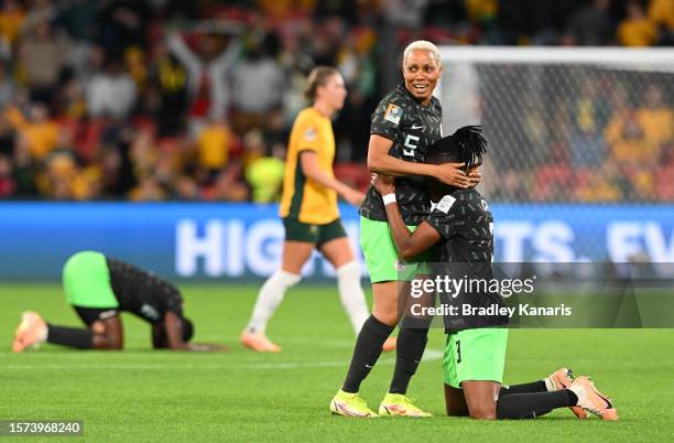 Osinachi Ohale and Onome Ebi of Nigeria celebrate the team's 3-1 victory in the FIFA Women's World Cup Australia & New Zealand 2023 Group B match...