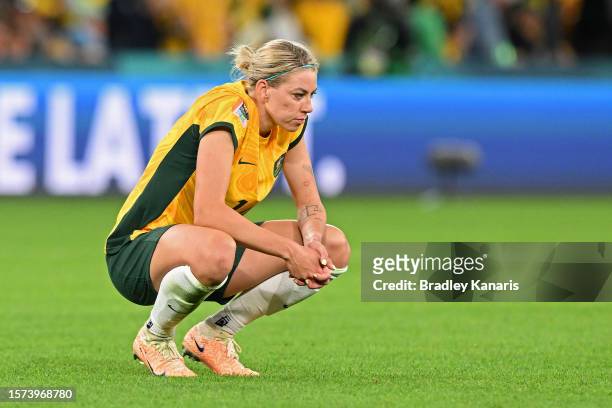 Alanna Kennedy of Australia shows dejection after her team's 2-3 defeat in the FIFA Women's World Cup Australia & New Zealand 2023 Group B match...