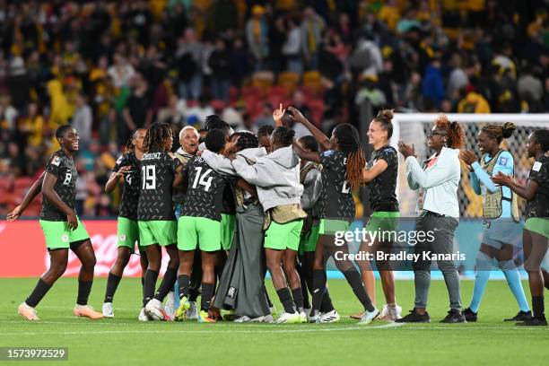 Nigeria players celebrate in the huddle after the team's 3-2 victory in the FIFA Women's World Cup Australia & New Zealand 2023 Group B match between...