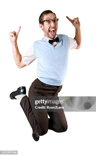 jumping happy nerd guy isolated on white - men doing quirky things stock pictures, royalty-free photos & images